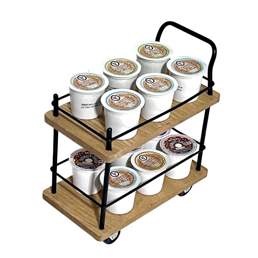 Two Tier Coffee Library Cart For Pods 18 Dolls Farmhouse Black Wood Shelves 9x8